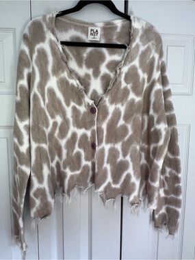Planet Gold Taupe and White Distressed Patterned Button Cardigan